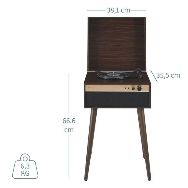 Alt view image 3 of 7 - CR6236A-WA Jasper Record Player, Walnut | 3-Speed Turntable, Bluetooth In / Out, Built-in Full-Range Stereo Speakers, Aux Input