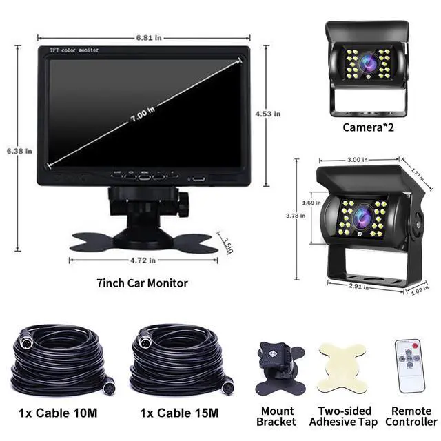 Alt view image 7 of 7 - Dual Backup Camera Monitor System for Truck, RVs,-7 Inch LCD Screen with 2 Cameras, IP68 Waterproof, 18IR Night Vision, Rear View Camera 4-Pin Cable for Car, Trailer/Bus/Van/Caravan (12V-24V)