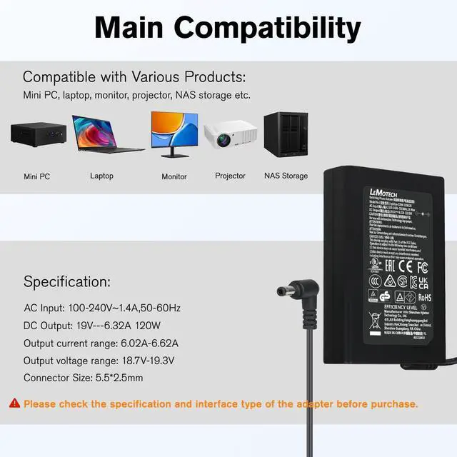 Alt view image 2 of 7 - 19V 120W UL Listed Charger for Mini PC GEEKOM Mini IT13 Replacement Charger for ACEMAGICIAN AD08 Desktop Computer Adapter Connector Type 5.5x2.5mm Power Supply Cord Charger