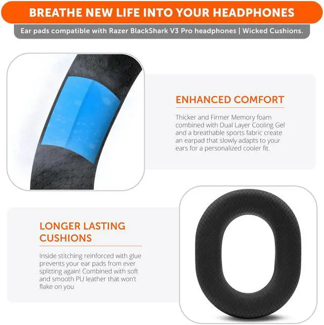 Alt view image 4 of 7 - Freeze Blackshark V3 Pro Cooling Gel Earpads Compatible with Razer BlackShark V3 Pro by Wicked Cushions | Enhanced Comfort, Cooling Gel Technology, Extra Thick | Black