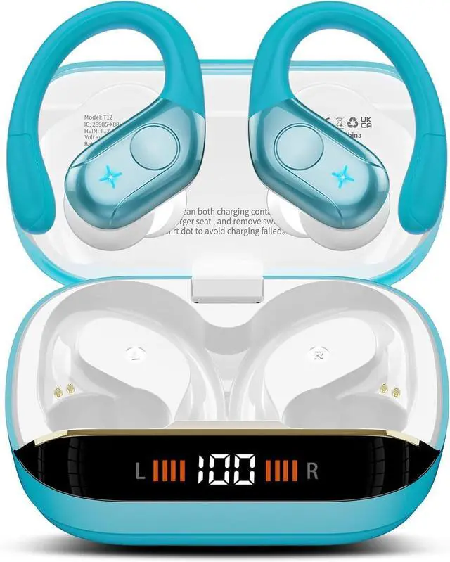 Main image of Qecnato Wireless Earbuds Bluetooth 5.4 Headphones 75H Stereo Deep Bass Sports Over Ear Buds with Earhooks, LED Display Bluetooth Earbuds with 4 ENC Mic, IP7 Waterproof Earphone for Running, Blue