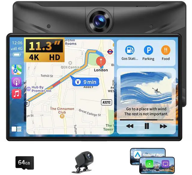 Main image of Portable Apple Carplay Screen for Car, 11.3" Extra Large Wireless Car Play & Android Auto Screen for Car, Car Stereo with 4K Dash Cam, App View, Backup Camera,GPS,Mirror Link,FM, Voice Control