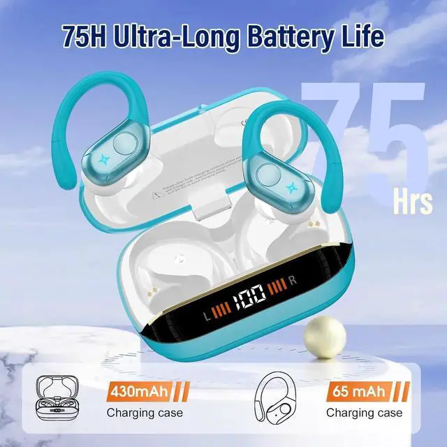 Alt view image 4 of 7 - Qecnato Wireless Earbuds Bluetooth 5.4 Headphones 75H Stereo Deep Bass Sports Over Ear Buds with Earhooks, LED Display Bluetooth Earbuds with 4 ENC Mic, IP7 Waterproof Earphone for Running, Blue