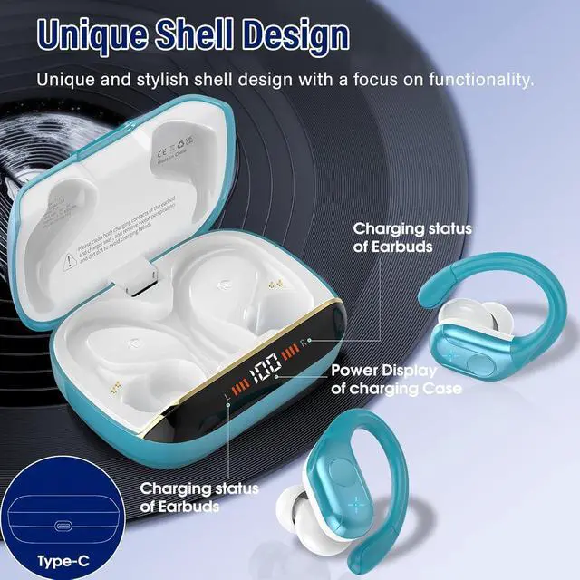Alt view image 5 of 7 - Qecnato Wireless Earbuds Bluetooth 5.4 Headphones 75H Stereo Deep Bass Sports Over Ear Buds with Earhooks, LED Display Bluetooth Earbuds with 4 ENC Mic, IP7 Waterproof Earphone for Running, Blue