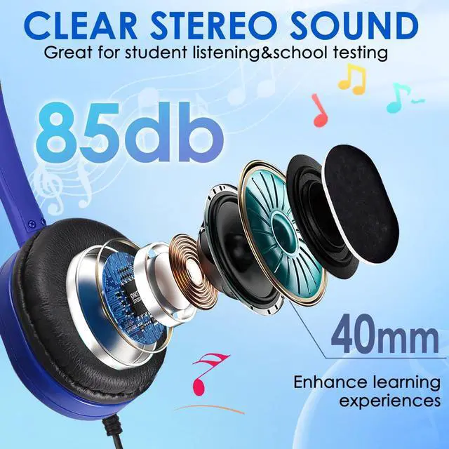 Alt view image 6 of 7 - 25 Pack Bulk Headphones for Kids Classroom School Students, Wholesale Wired Durable On-Ear Headphones for Children Teen Boys Girls Toddler Adult(Blue, 25 Pack)