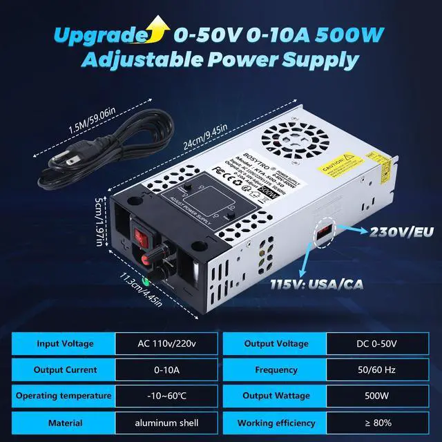 Alt view image 2 of 7 - Upgraded Adjustable 0-50V 0-10A 500W Switching Power Supply, AC to DC Converter 5V 12V 24V 30V 48 50v DC Power Supply for Led Strip, Motor Pump, CCTV, 3D Printer, Lab Computer