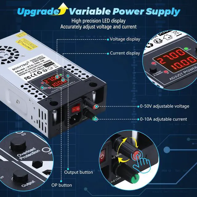 Alt view image 3 of 7 - Upgraded Adjustable 0-50V 0-10A 500W Switching Power Supply, AC to DC Converter 5V 12V 24V 30V 48 50v DC Power Supply for Led Strip, Motor Pump, CCTV, 3D Printer, Lab Computer
