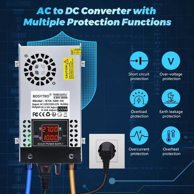 Alt view image 5 of 7 - Upgraded Adjustable 0-50V 0-10A 500W Switching Power Supply, AC to DC Converter 5V 12V 24V 30V 48 50v DC Power Supply for Led Strip, Motor Pump, CCTV, 3D Printer, Lab Computer
