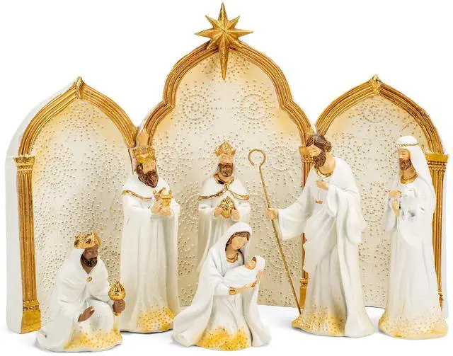 Main image of 133014 Nativity Gold Dot Ivory with Triptych Backdrop Set of 9, 11.25 inch