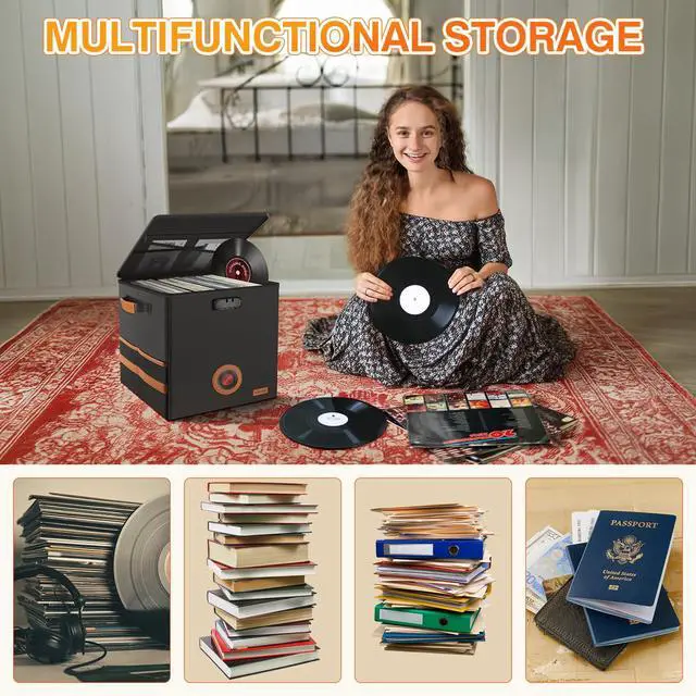 Alt view image 5 of 7 - Vintage Vinyl Record Storage Box with Lock, FireproofWater Resistant LP Record Storage Crate Holds 100+ Records, CollapsibleStackable Album Collection Display DIY Box, 7/10/12 Inch Vinyl Record Case