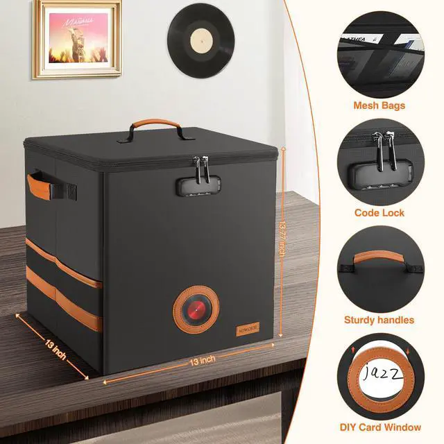Alt view image 6 of 7 - Vintage Vinyl Record Storage Box with Lock, FireproofWater Resistant LP Record Storage Crate Holds 100+ Records, CollapsibleStackable Album Collection Display DIY Box, 7/10/12 Inch Vinyl Record Case