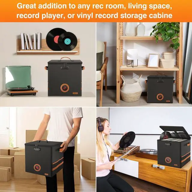 Alt view image 7 of 7 - Vintage Vinyl Record Storage Box with Lock, FireproofWater Resistant LP Record Storage Crate Holds 100+ Records, CollapsibleStackable Album Collection Display DIY Box, 7/10/12 Inch Vinyl Record Case