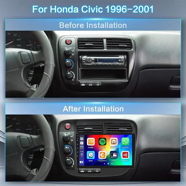 Alt view image 2 of 7 - Android Car Stereo for Honda Civic 1996-2001 Wireless CarPlay Android Auto | 9 Inch HD Touch Screen with 2+64G storage, Civic Radio with 5Ghz WiFi GPS Bluetooth FM/RDS EQ SWC Backup Camera MIC