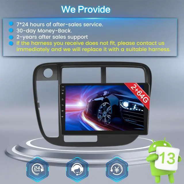 Alt view image 7 of 7 - Android Car Stereo for Honda Civic 1996-2001 Wireless CarPlay Android Auto | 9 Inch HD Touch Screen with 2+64G storage, Civic Radio with 5Ghz WiFi GPS Bluetooth FM/RDS EQ SWC Backup Camera MIC