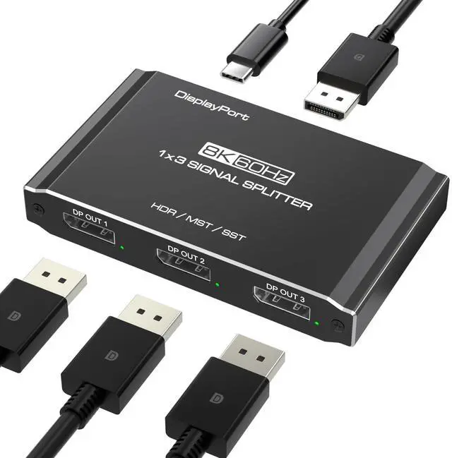 Main image of DisplayPort Splitter 1 in 3 Out, 8K@60Hz DSC, Triple Display MST Hub, DisplayPort Multi-Monitor Adapter, Extended/Mirror Mode for Desktops/Graphics Cards (AMD/Intel), for HP/Dell/Mini PC