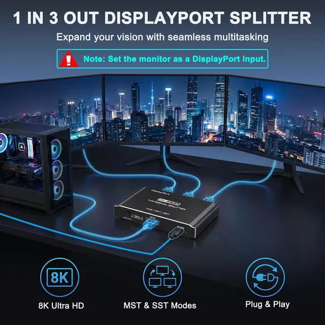 Alt view image 2 of 7 - DisplayPort Splitter 1 in 3 Out, 8K@60Hz DSC, Triple Display MST Hub, DisplayPort Multi-Monitor Adapter, Extended/Mirror Mode for Desktops/Graphics Cards (AMD/Intel), for HP/Dell/Mini PC