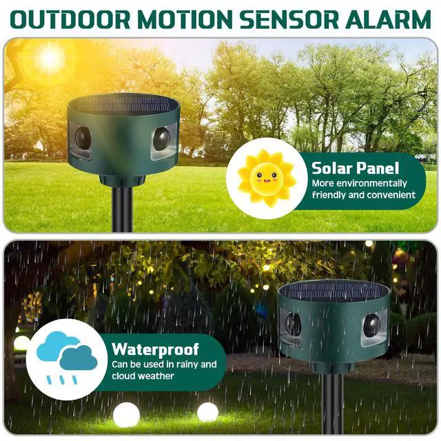 Alt view image 5 of 7 - 2 Pack Solar Indoor&Outdoor Motion Sensor Alarm Ultrasonic, 360° Motion Detection Animal Deterrent Gunshot Noise Maker for Home Security, 3 Modes