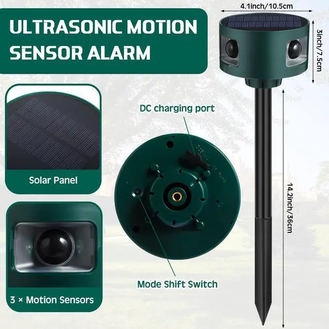 Alt view image 2 of 7 - 2 Pack Solar Indoor&Outdoor Motion Sensor Alarm Ultrasonic, 360° Motion Detection Animal Deterrent Gunshot Noise Maker for Home Security, 3 Modes