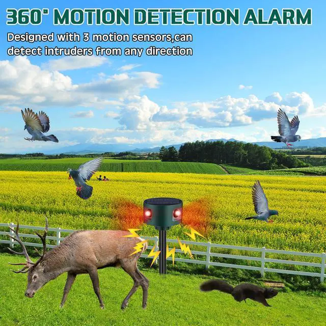 Alt view image 4 of 7 - 2 Pack Solar Indoor&Outdoor Motion Sensor Alarm Ultrasonic, 360° Motion Detection Animal Deterrent Gunshot Noise Maker for Home Security, 3 Modes