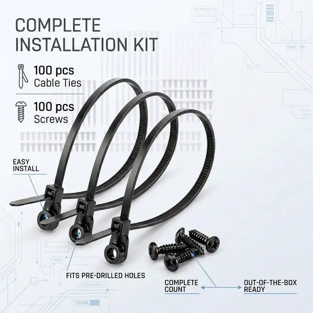 Alt view image 2 of 7 - 100Pack 8 Inch Black Zip Ties with Screw Hole and 100xM4 Screw | 75 lbs Heavy Duty Mountable Head Cable Ties, Nylon Mount Zip Tie Wire Organizer for Wall, Indoor&Outdoor Use