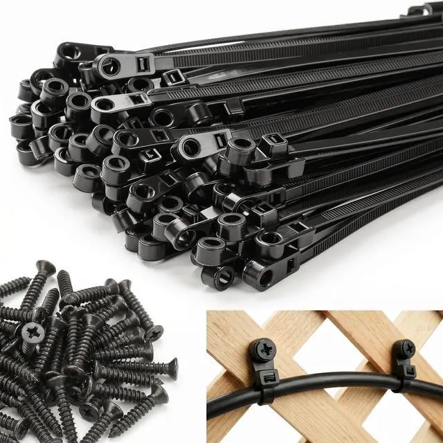 Main image of 100Pack 8 Inch Black Zip Ties with Screw Hole and 100xM4 Screw | 75 lbs Heavy Duty Mountable Head Cable Ties, Nylon Mount Zip Tie Wire Organizer for Wall, Indoor&Outdoor Use