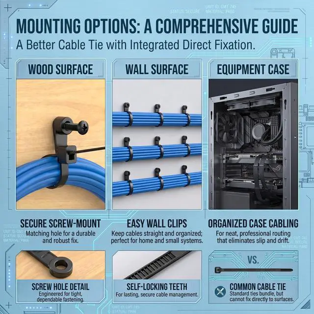 Alt view image 4 of 7 - 100Pack 8 Inch Black Zip Ties with Screw Hole and 100xM4 Screw | 75 lbs Heavy Duty Mountable Head Cable Ties, Nylon Mount Zip Tie Wire Organizer for Wall, Indoor&Outdoor Use