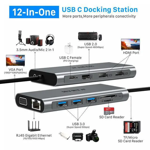 Alt view image 2 of 7 - USB C Docking Station,12 in 1 Displaylink USB 3.0 to USB-C Dock Dual Monitor with HDMI,VGA,USB A 3.0,PD3.0, Laptop Docking Station for MacBook Pro&Air/M1/M2/M3/HP and More USB Ports Laptops