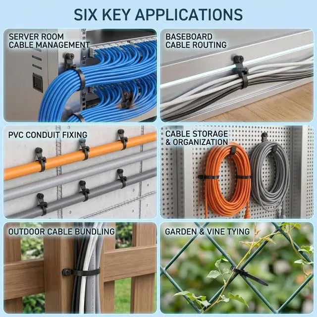 Alt view image 5 of 7 - 100Pack 8 Inch Black Zip Ties with Screw Hole and 100xM4 Screw | 75 lbs Heavy Duty Mountable Head Cable Ties, Nylon Mount Zip Tie Wire Organizer for Wall, Indoor&Outdoor Use