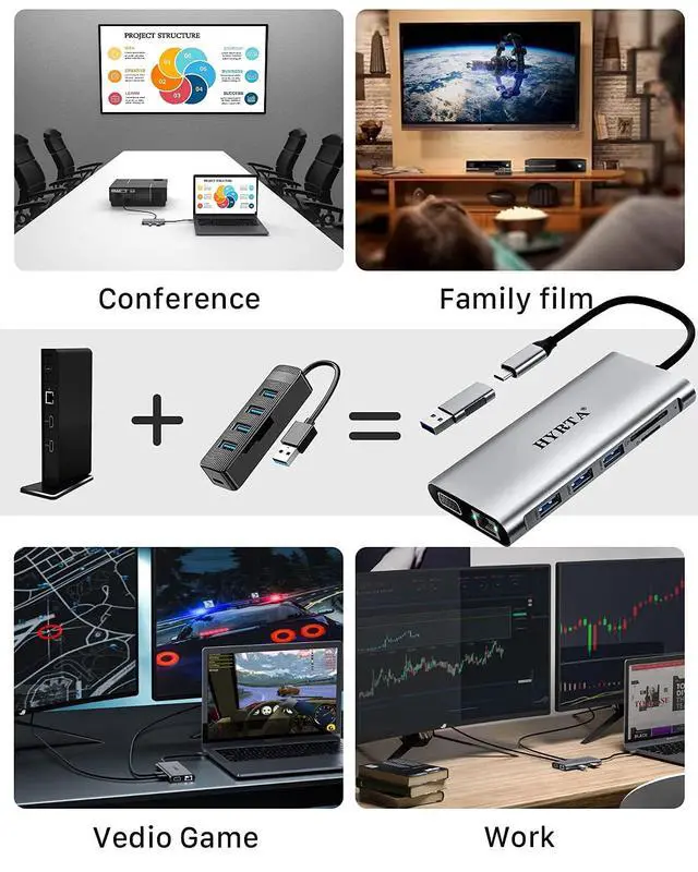 Alt view image 7 of 7 - USB C Docking Station,12 in 1 Displaylink USB 3.0 to USB-C Dock Dual Monitor with HDMI,VGA,USB A 3.0,PD3.0, Laptop Docking Station for MacBook Pro&Air/M1/M2/M3/HP and More USB Ports Laptops