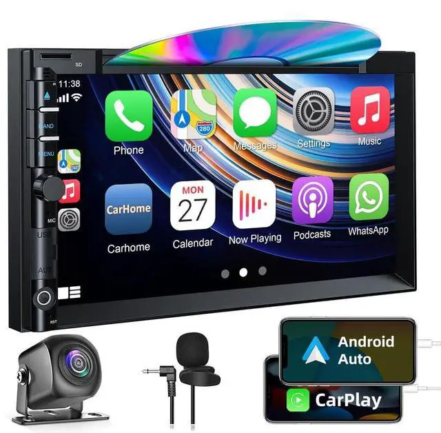 Main image of Double Din Car Stereo with CD DVD, Backup Camera Supports CarPlay/Android Auto, 7 inch Touchscreen Car Radio Bluetooth 5.2, AM/FM Radio Receiver Head Unit with Mirror Link, SWC, Subwoofer, USB/TF/AUX