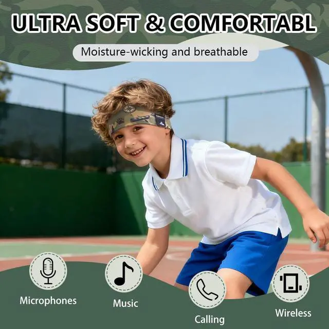Alt view image 2 of 6 - Kids Bluetooth 5.4 Headband Headphones, Adjustable Toddler Sports Headband Earphones with Mic, Soft Wireless Sleep Headphones for Baby Kids Travel Plane School Tablet Workout(Green)