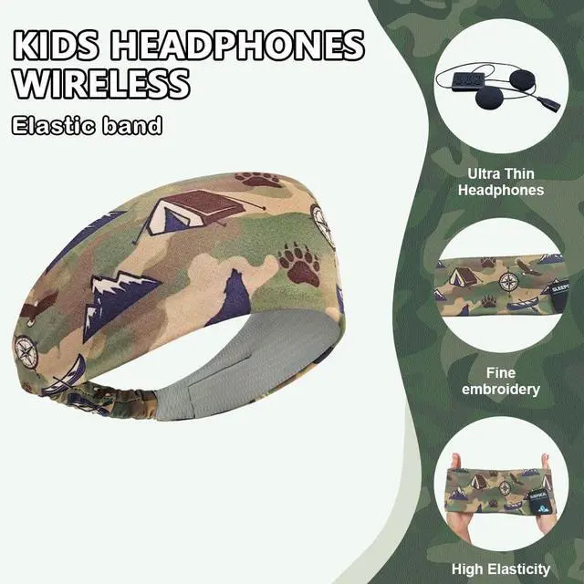 Alt view image 4 of 6 - Kids Bluetooth 5.4 Headband Headphones, Adjustable Toddler Sports Headband Earphones with Mic, Soft Wireless Sleep Headphones for Baby Kids Travel Plane School Tablet Workout(Green)