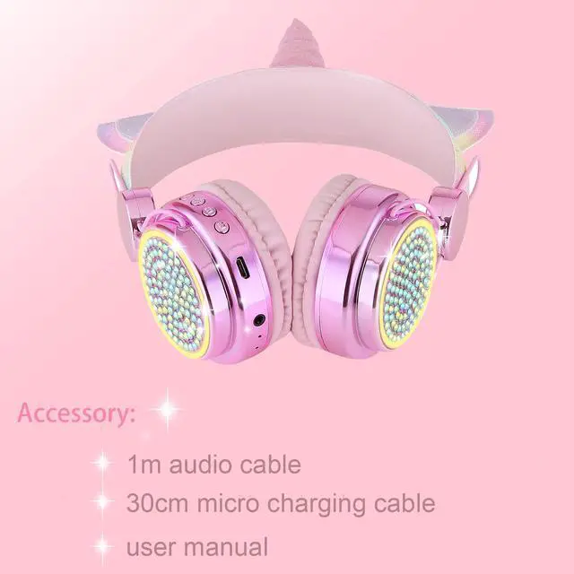Alt view image 6 of 7 - Kids Wireless Headphones for Girls Children Teens, LED Light Up Bluetooth Unicorn Headphones with Microphone for School/Xmas/Online Study/Unicorn Gifts (Pink Wireless)