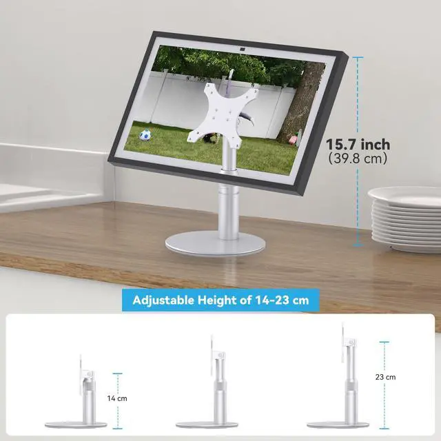 Alt view image 3 of 7 - Riser Stand for Echo Show 21, Show 15 1st/2nd Gen, Swivel and Tilt | Adjustable Height Stand with Non-slip Base, Sturdy Aluminum Table Holder for Kitchen, Easy Screw Assembly