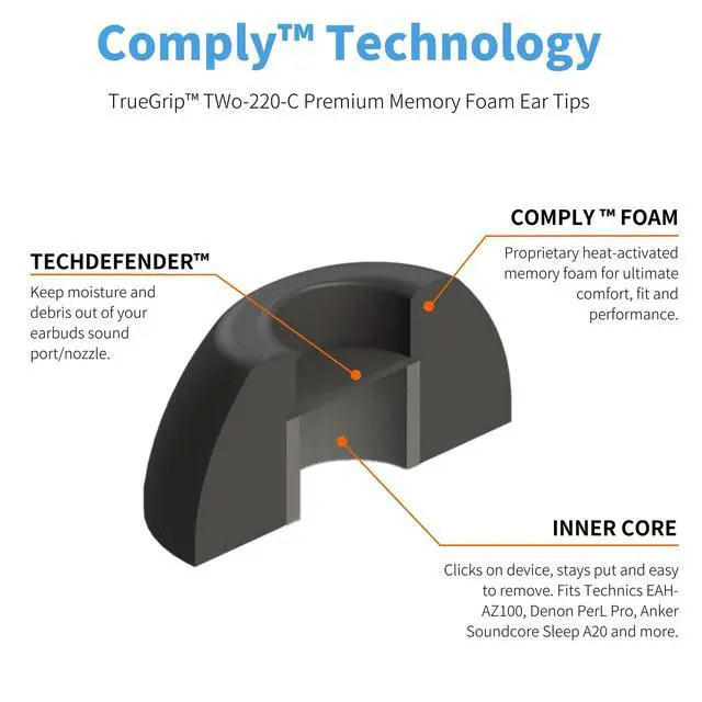 Alt view image 2 of 7 - TWo-220-C Memory Foam Replacement Earbud Tips, Black, Medium | 3 Pairs, for Technics EAH-AZ100, Denon PerL Pro, Soundcore, CMF & More, Ultimate Comfort, Secure Fit, Noise Isolation