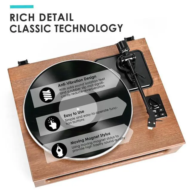 Alt view image 4 of 7 - All-in-One Vintage Record Player High Fidelity Belt Drive Turntable for Vinyl Records Built-in 2 Tweeter and 2 Bass Stereo Speakers, Vinyl Player with MM Cartridge, Bluetooth, Aux-in, RCA, Auto Stop