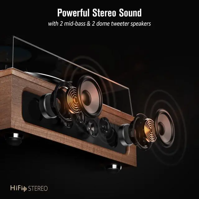 Alt view image 3 of 7 - All-in-One Vintage Record Player High Fidelity Belt Drive Turntable for Vinyl Records Built-in 2 Tweeter and 2 Bass Stereo Speakers, Vinyl Player with MM Cartridge, Bluetooth, Aux-in, RCA, Auto Stop