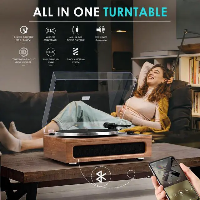 Alt view image 6 of 7 - All-in-One Vintage Record Player High Fidelity Belt Drive Turntable for Vinyl Records Built-in 2 Tweeter and 2 Bass Stereo Speakers, Vinyl Player with MM Cartridge, Bluetooth, Aux-in, RCA, Auto Stop