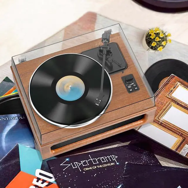 Alt view image 7 of 7 - All-in-One Vintage Record Player High Fidelity Belt Drive Turntable for Vinyl Records Built-in 2 Tweeter and 2 Bass Stereo Speakers, Vinyl Player with MM Cartridge, Bluetooth, Aux-in, RCA, Auto Stop