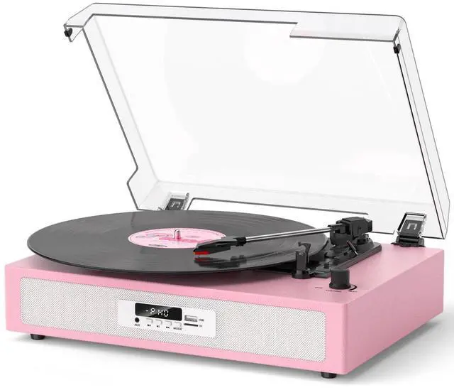 Main image of Vinyl Record Player with Built-in Dual Stereo Speakers, Vintage 3-Speed Turntable, Bluetooth Record Player with EQ Sound Modes, USB/TF Recording & Playback, LED Display, RCA & AUX Jack Pink