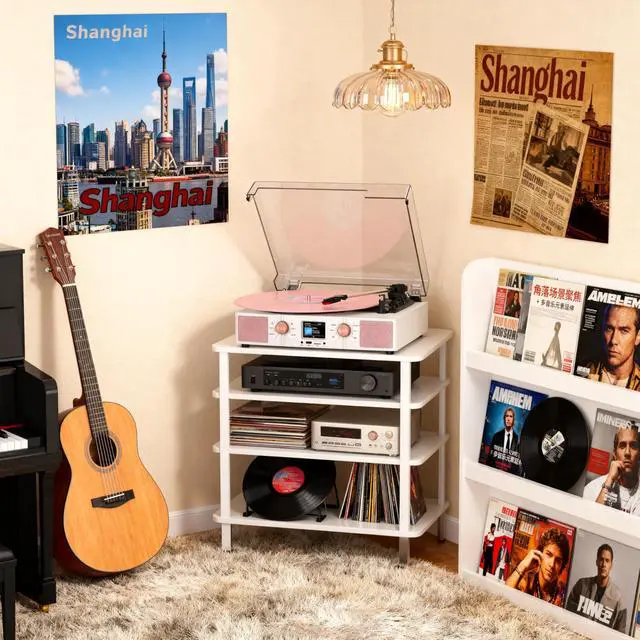 Alt view image 7 of 7 - Vinyl Record Player 3-Speed Bluetooth Turntable with Built-in Speakers, USB/TF Playback, LCD Color Display, Alarm, RCA/AUX/Headphone, White & Rose Gold