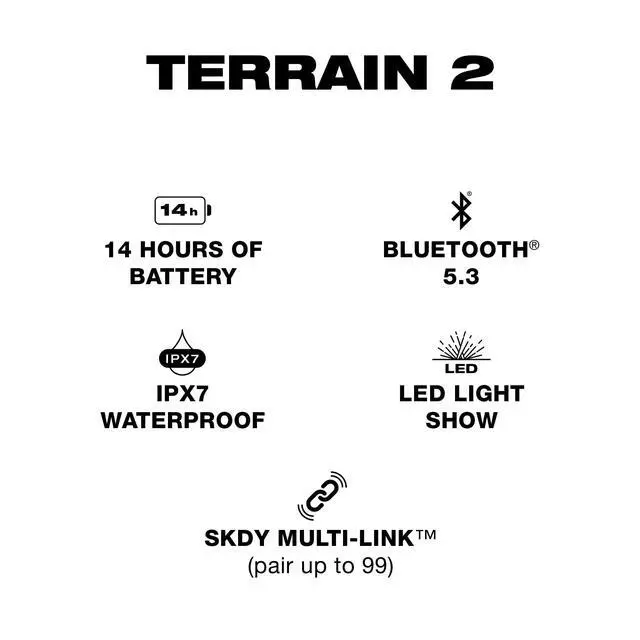 Alt view image 7 of 7 - Skullcandy Terrain 2 Portable Bluetooth Speaker, IPX7, 14-Hour Battery | Wireless, Multi-Link up to 99 Speakers, Water-Resistant, LED Light Show, Rercharbeable Battery, Carry Strap