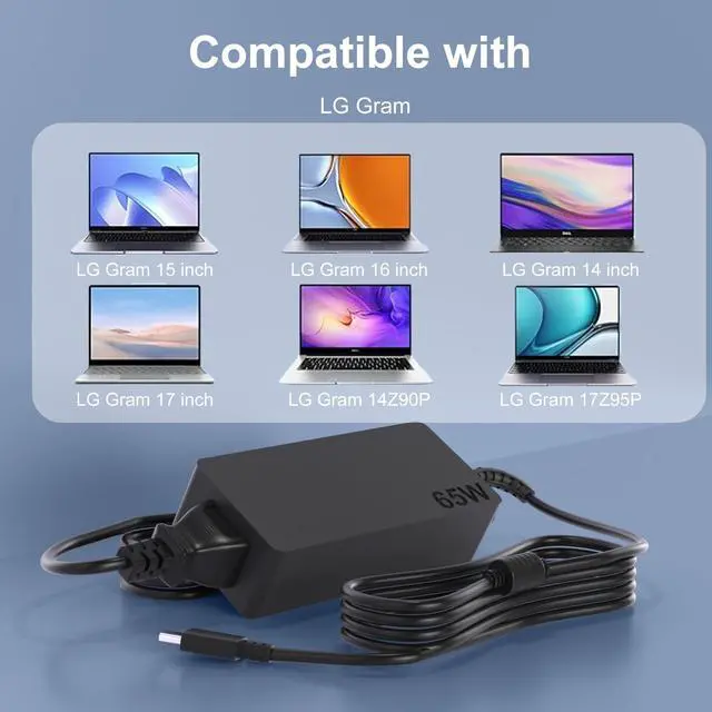 Alt view image 3 of 7 - 65W USB C PD Fast Charger Compatible with LG Gram 14 15 16 17 | Laptops Model 14Z90P 14Z90R 14Z90Q 15Z90P 15Z90Q 15Z90R 16Z90P 16Z90Q 16T90P 17Z95P 17Z90R 17Z90S Upgraded AC Adapter Cord