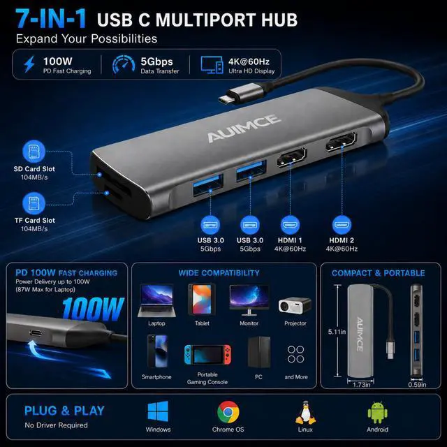 Alt view image 2 of 7 - USB-C Docking Station Dual Monitor 2 HDMI 4K@60Hz, 7 in 1 USB C Hub Multiport Hdmi Splitter Adapter, 100W PD Port, 2X USB 3.0, SD/TF Card Reader, Portable Aluminum Dock for Windows Laptops