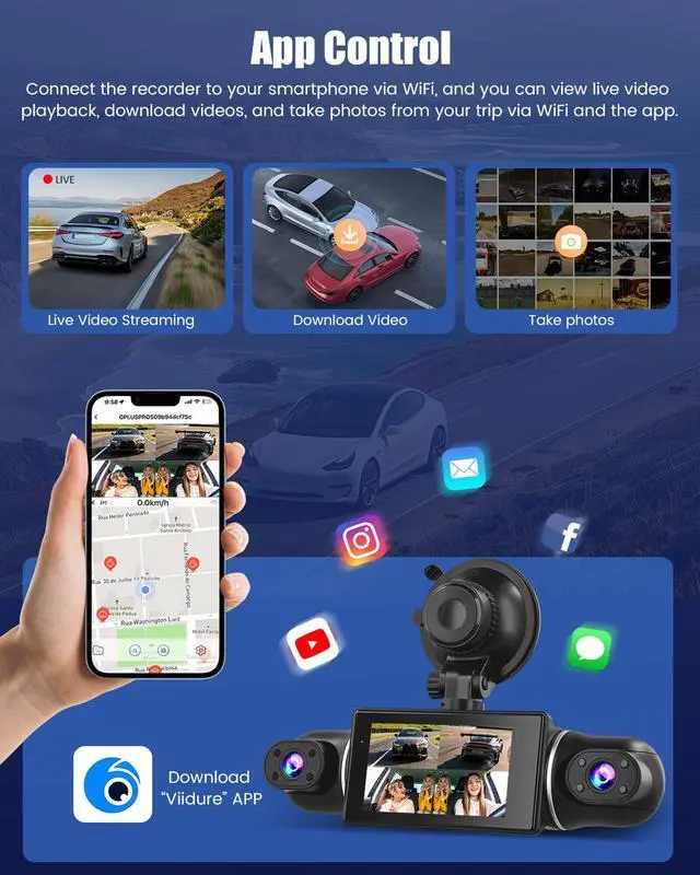 Alt view image 3 of 7 - 360° Dash Cam for Car, 4-Channel, WiFi&APP, 2K+1080P x3 Front Rear Inside | FHD 4-Way Recording, 8 IR Lights Night Vision, Wide Angle, G-Sensor, Includes 64GB microSD Card, 24/7 Parking Mode