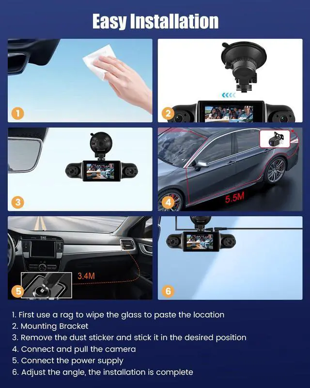 Alt view image 7 of 7 - 360° Dash Cam for Car, 4-Channel, WiFi&APP, 2K+1080P x3 Front Rear Inside | FHD 4-Way Recording, 8 IR Lights Night Vision, Wide Angle, G-Sensor, Includes 64GB microSD Card, 24/7 Parking Mode
