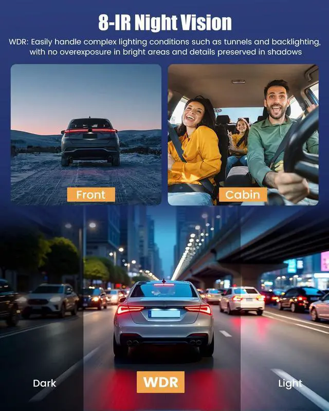 Alt view image 4 of 7 - 360° Dash Cam for Car, 4-Channel, WiFi&APP, 2K+1080P x3 Front Rear Inside | FHD 4-Way Recording, 8 IR Lights Night Vision, Wide Angle, G-Sensor, Includes 64GB microSD Card, 24/7 Parking Mode