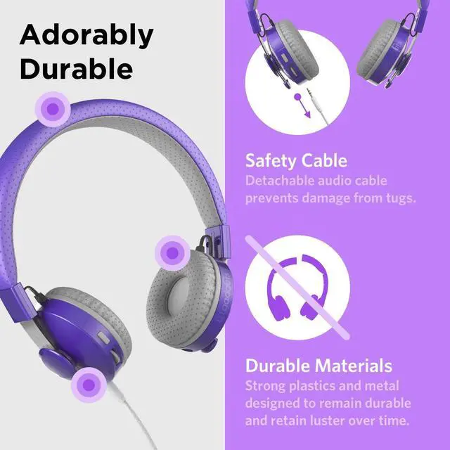 Alt view image 2 of 7 - Untangled Pro On-Ear Wireless Kids Headphones for School, Microphone, Volume Limited, SharePort Technology, SoftTouch Padding - Purple Bluetooth Headphones