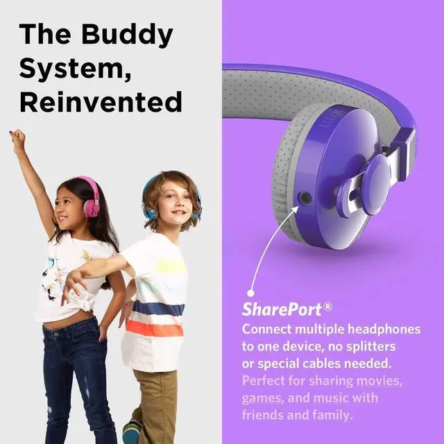 Alt view image 4 of 7 - Untangled Pro On-Ear Wireless Kids Headphones for School, Microphone, Volume Limited, SharePort Technology, SoftTouch Padding - Purple Bluetooth Headphones