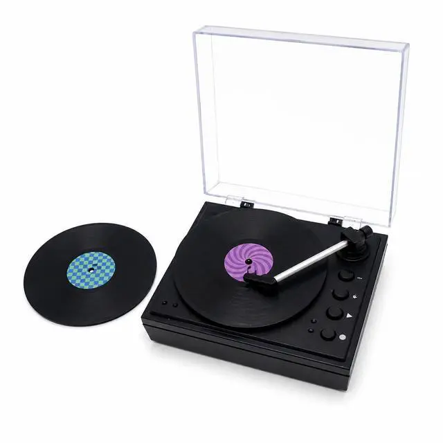 Main image of Mini Record Player with Voice Recording, 4 Discs, Auto-Spinning Desk Decor | Includes 3 music discs and 1 blank disc. All 4 discs record. Recording over music erases it permanently